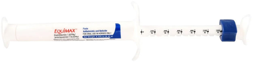 Equimax dosing syringe shown for precise weight-based dosing.