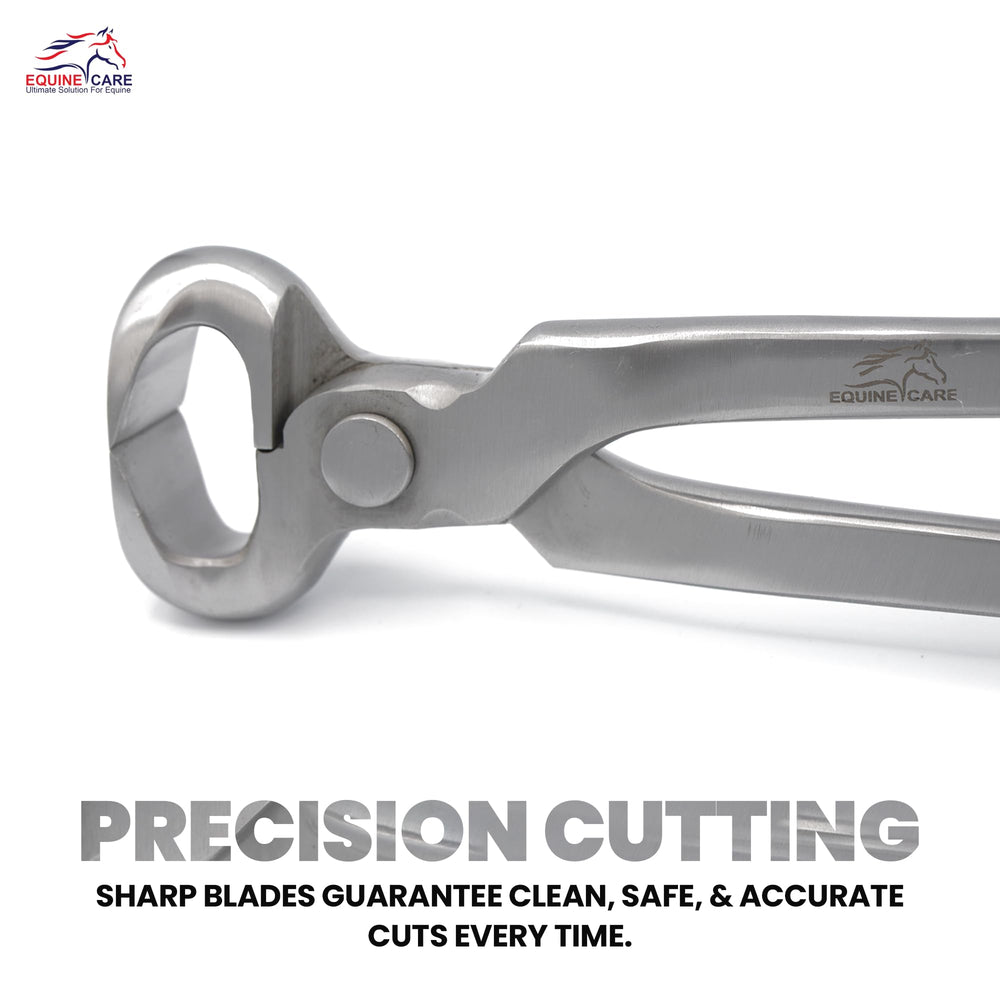 Equine Care hoof nipper 12-inch in-use on pony demonstrates balanced leverage.