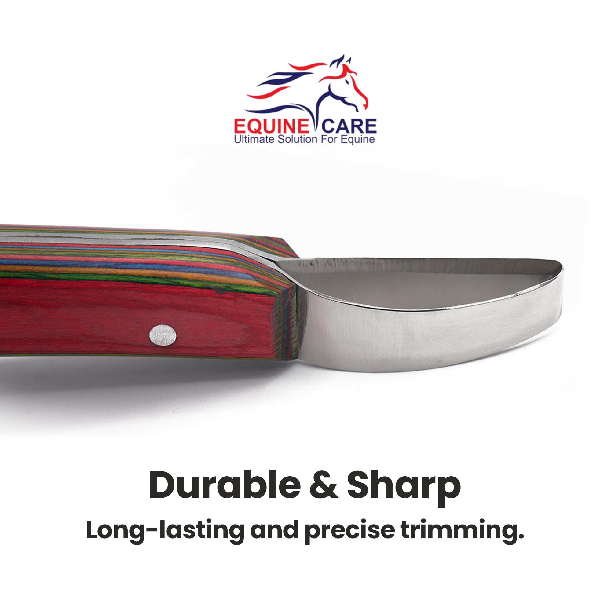 Equine Care hoof trimming loop knife sheet-handle close-up shows ergonomic grip