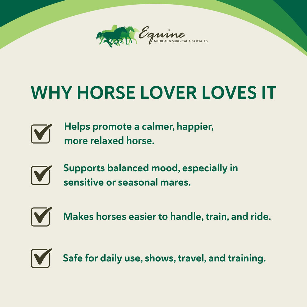 Equine Medical Happ-E-Mare packaging highlights herbal blend and vitamin E.