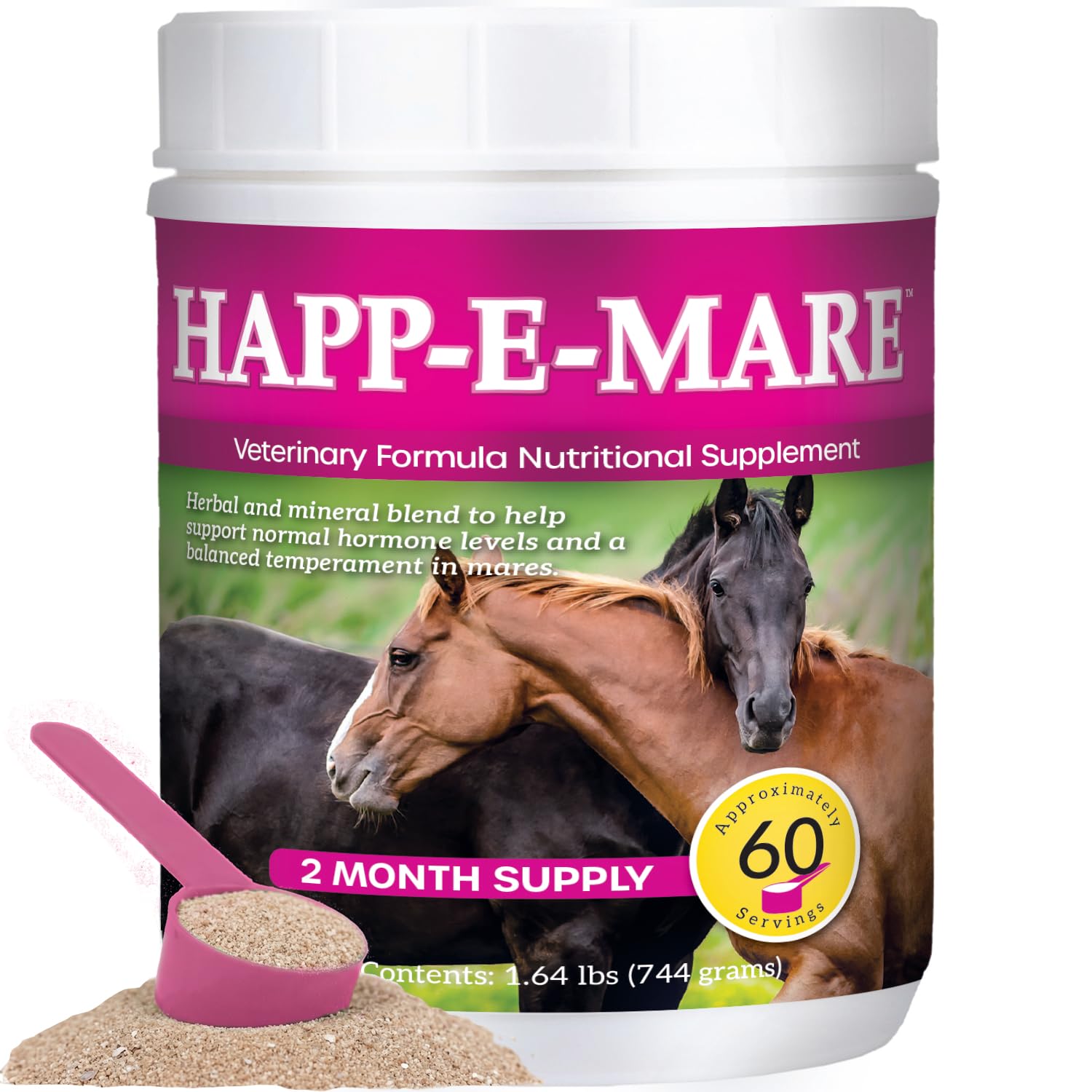 Equine Medical Happ-E-Mare powder bottle promotes calm demeanor in mares during seasonal transitions.
