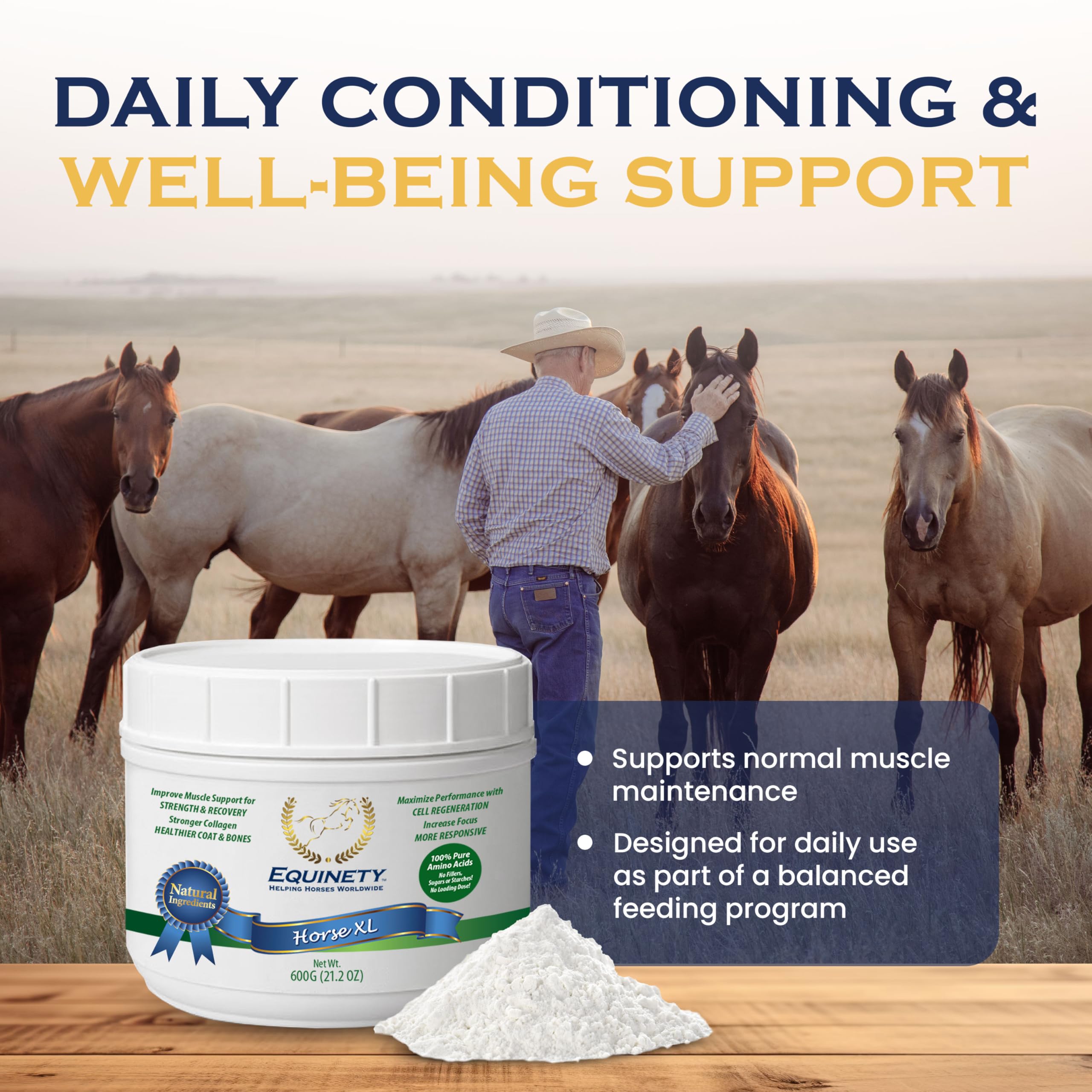 Equinety Horse XL amino acid blend label highlighting essential amino acids for muscle support.
