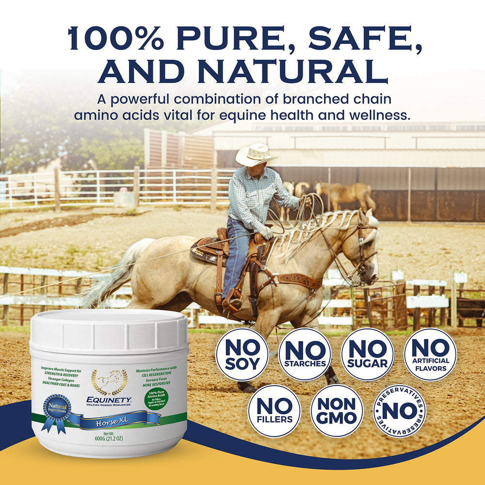 Equinety Horse XL no soy and no sugar badge communicating clean ingredients.