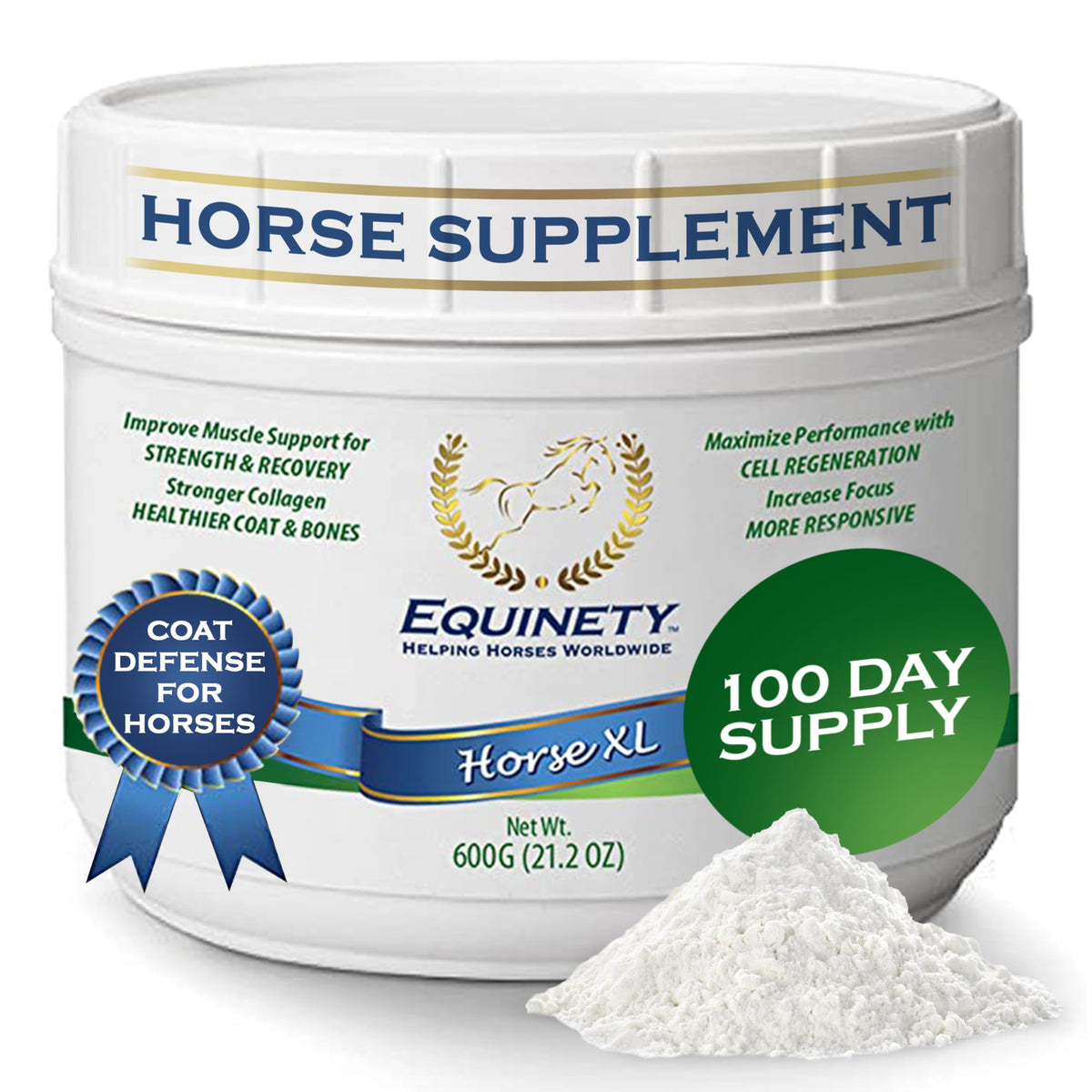 Equinety Horse XL tub and scoop for easy daily dosing and 100‑day supply.