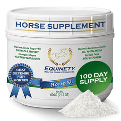 Equinety Horse XL tub and scoop for easy daily dosing and 100‑day supply.