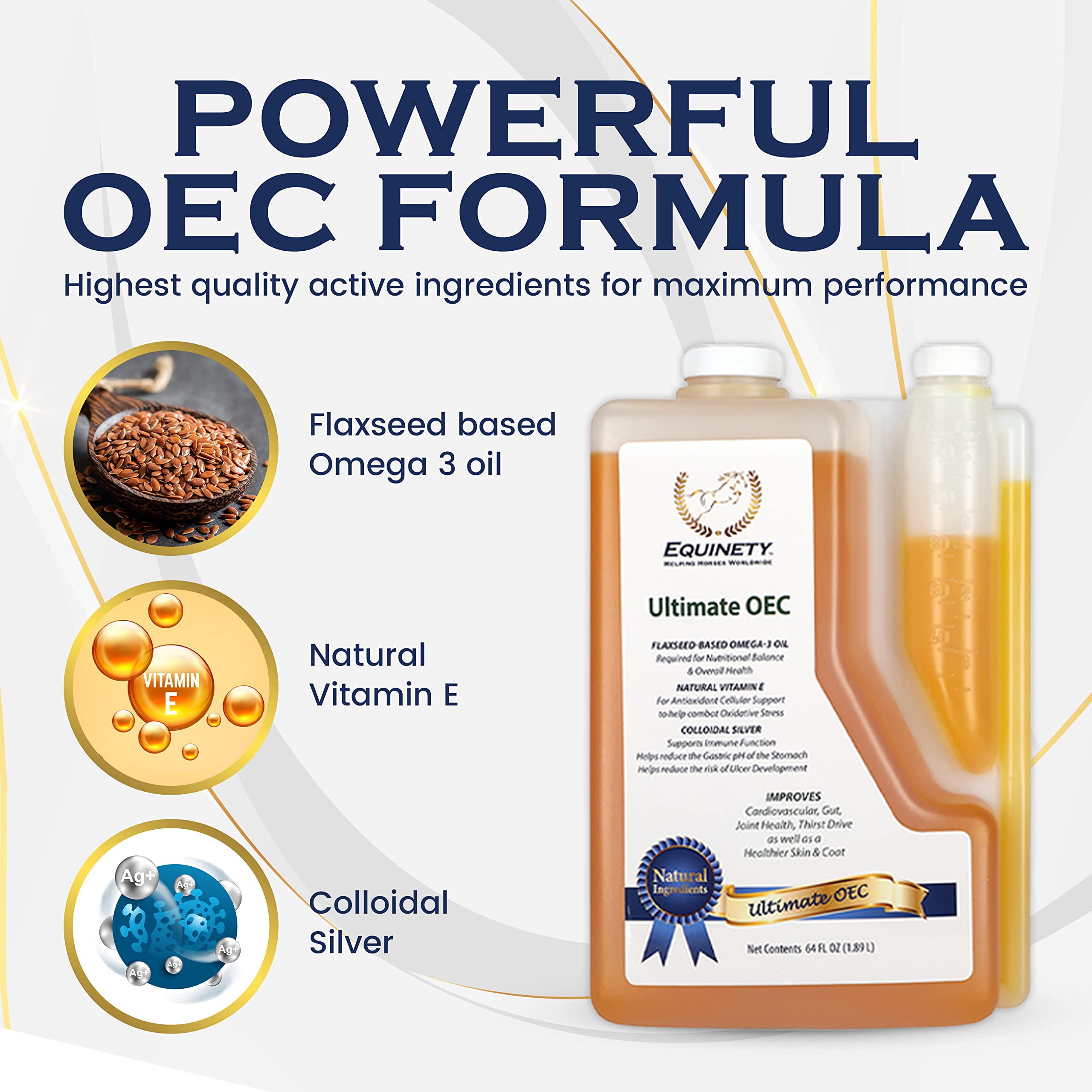 Equinety Omega-3 flaxseed oil jar highlights the key oil component.