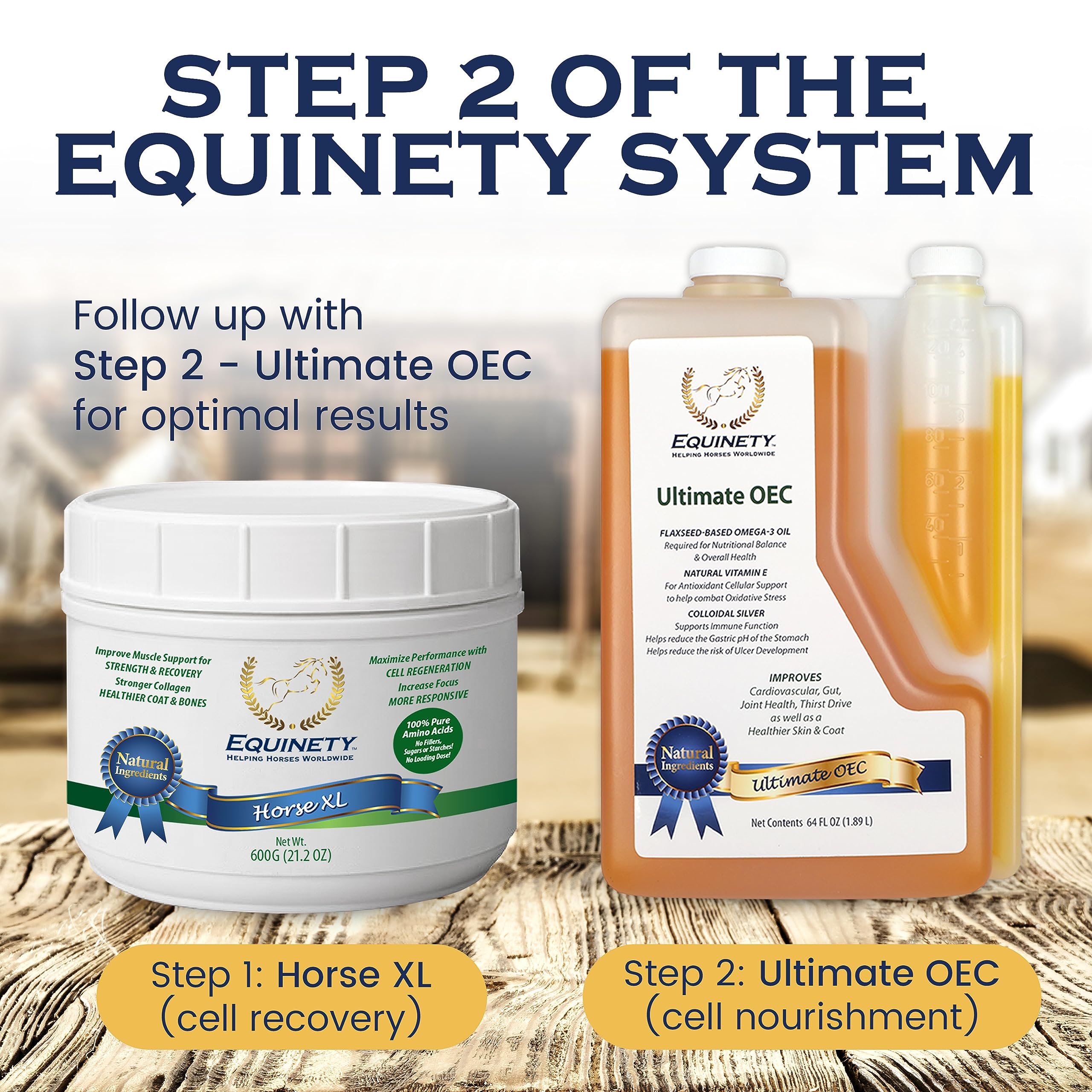 Ingredient list graphic for Equinety Ultimate OEC showing omega-3 and vitamin E.