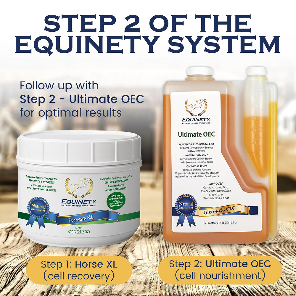 Ingredient list graphic for Equinety Ultimate OEC showing omega-3 and vitamin E.