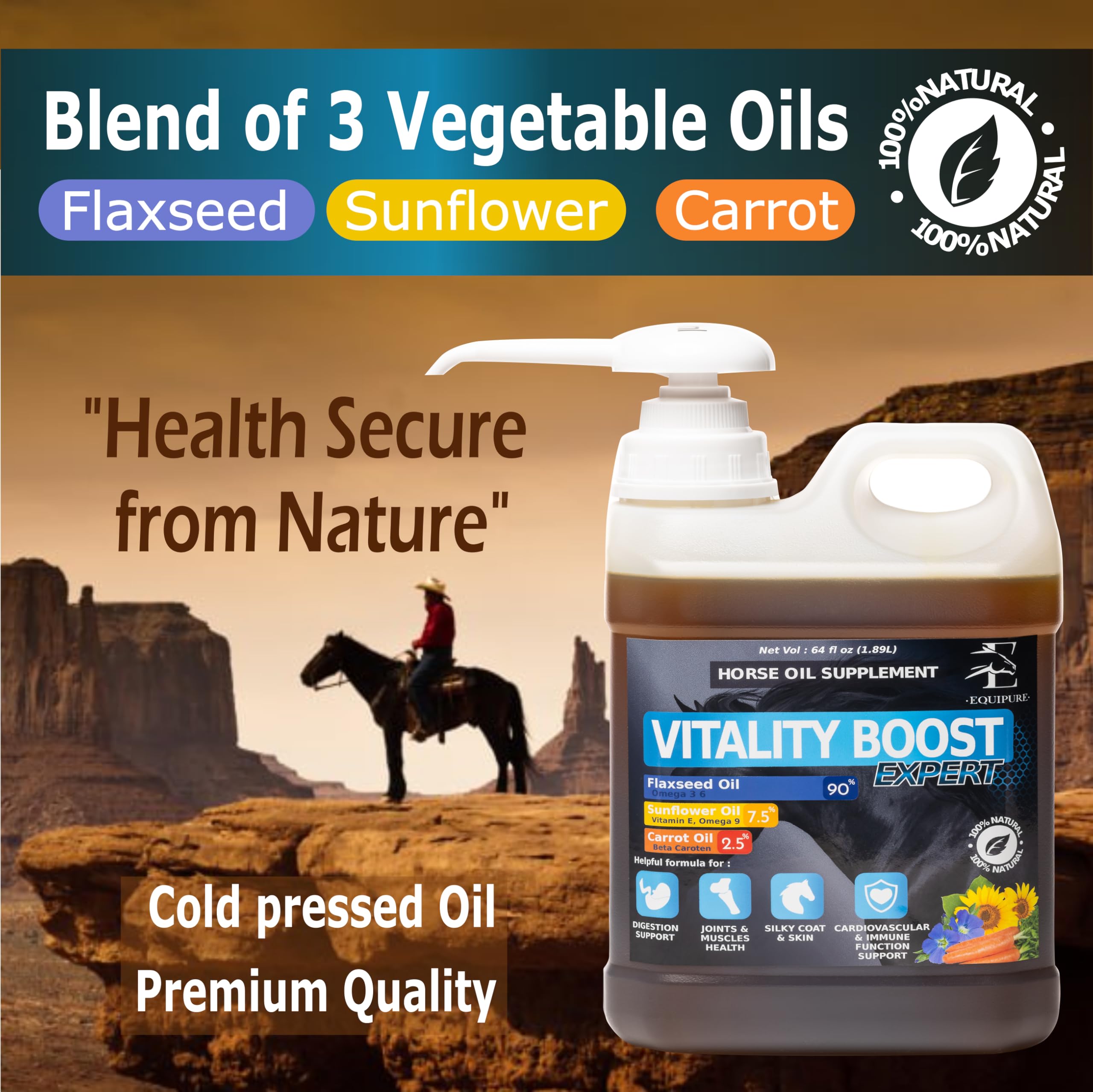EQUIPURE Equine Oil bottle pour shows easy application into horse feed.
