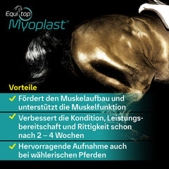 EQUITOP Myoplast tub open reveals a clear, user friendly supplement blend for horses.