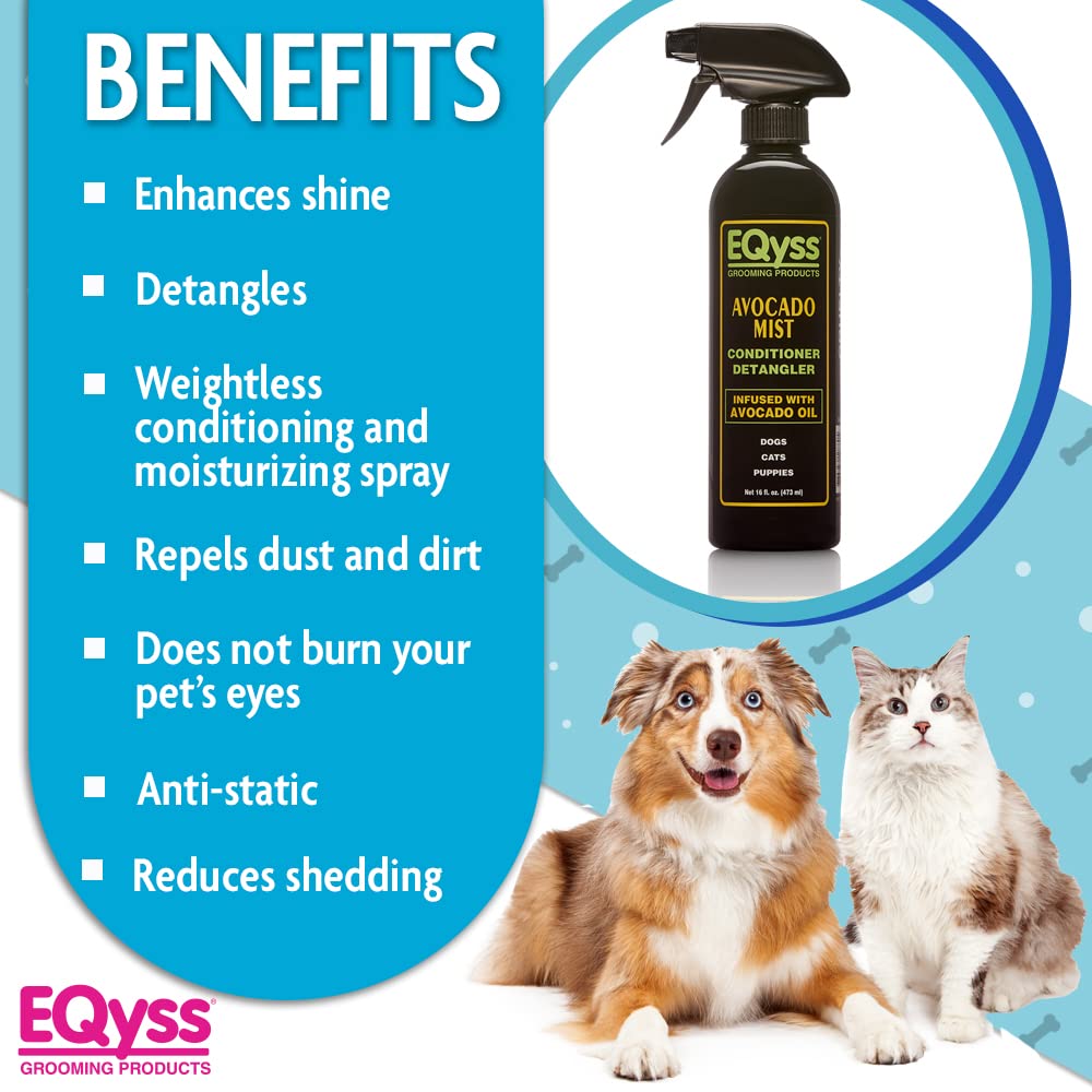 Eqyss Avocado Mist spray on a dog's coat during grooming.