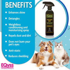 Eqyss Avocado Mist spray on a dog's coat during grooming.