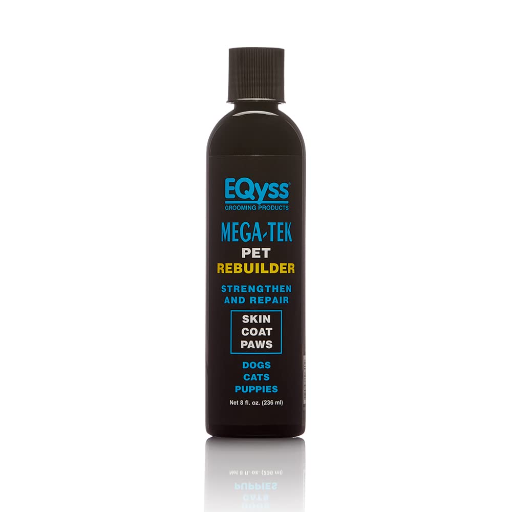 Eqyss Mega-Tek coat application on fluffy fur shows moisture restoration