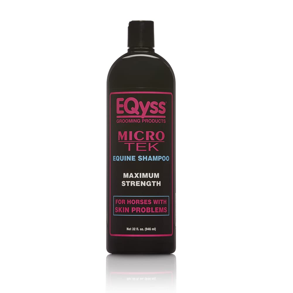 Eqyss Micro-Tek Equine Itch Relief Shampoo bottle pour enables quick, even application.