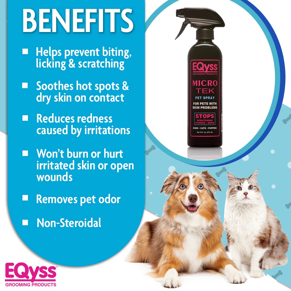 Eqyss Micro-Tek spray on affected areas supports leave-on relief for pets.