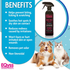 Eqyss Micro-Tek spray on affected areas supports leave-on relief for pets.