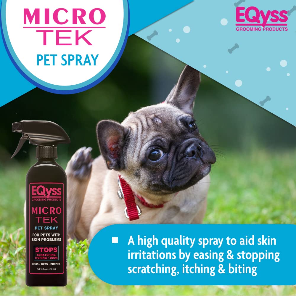 Eqyss Micro-Tek spray application on skin targets itchy areas for comfort.