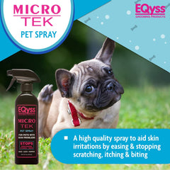 Eqyss Micro-Tek spray application on skin targets itchy areas for comfort.