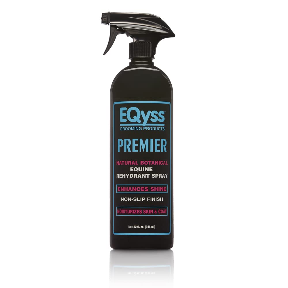 Eqyss Premier Equine Rehydrant Spray bottle front view shows moisturized coat shine.