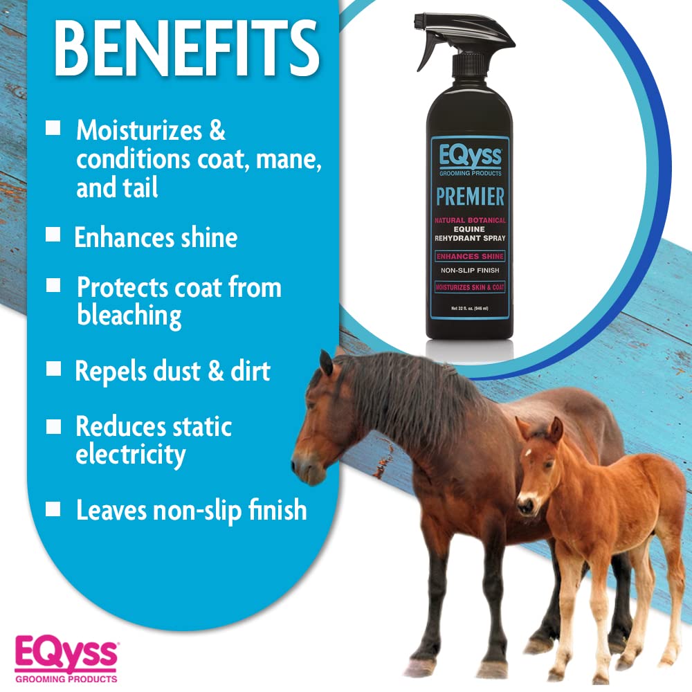 Eqyss Premier Equine Rehydrant Spray coat close-up with natural shine and non-slip finish.