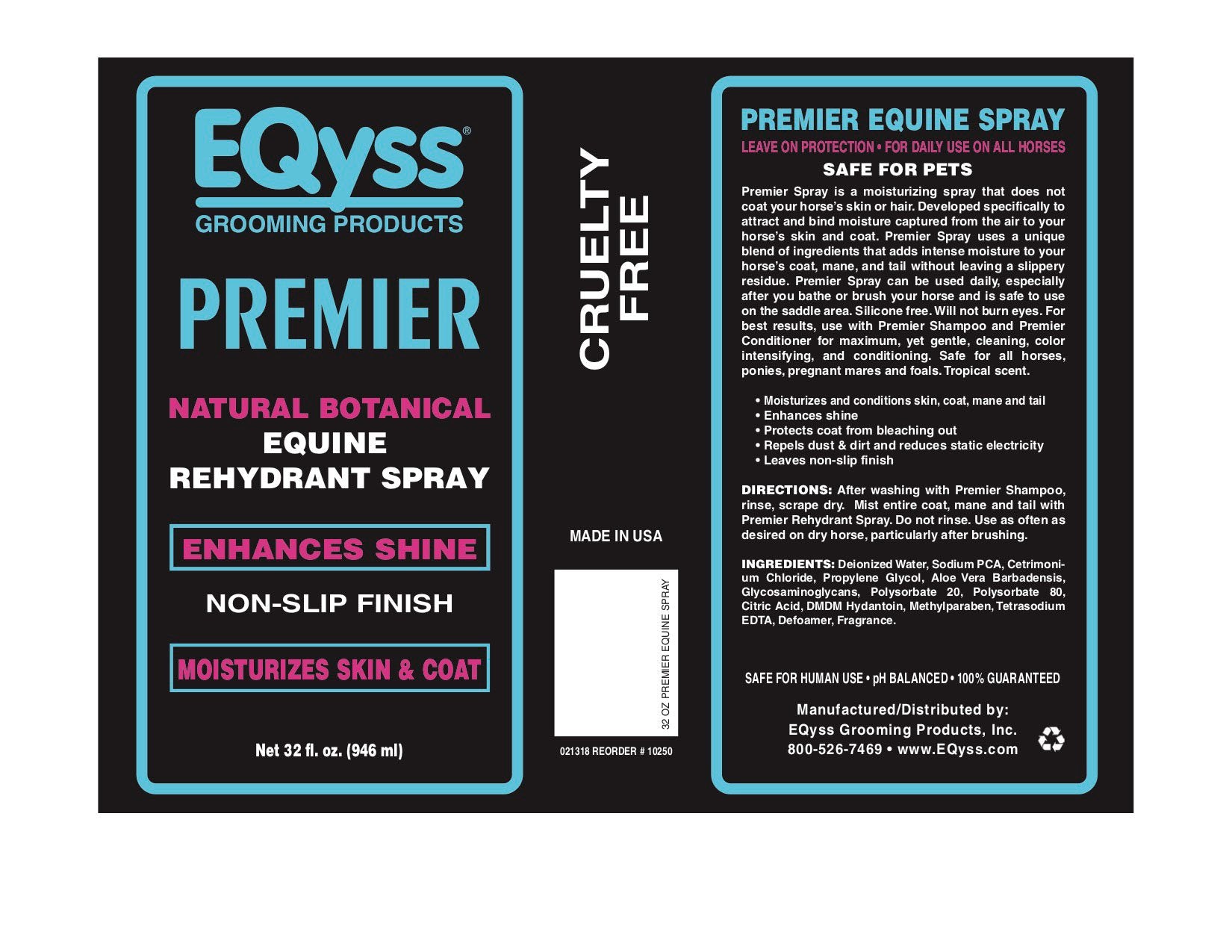 Eqyss Premier Equine Rehydrant Spray after grooming repels dust for a cleaner look.