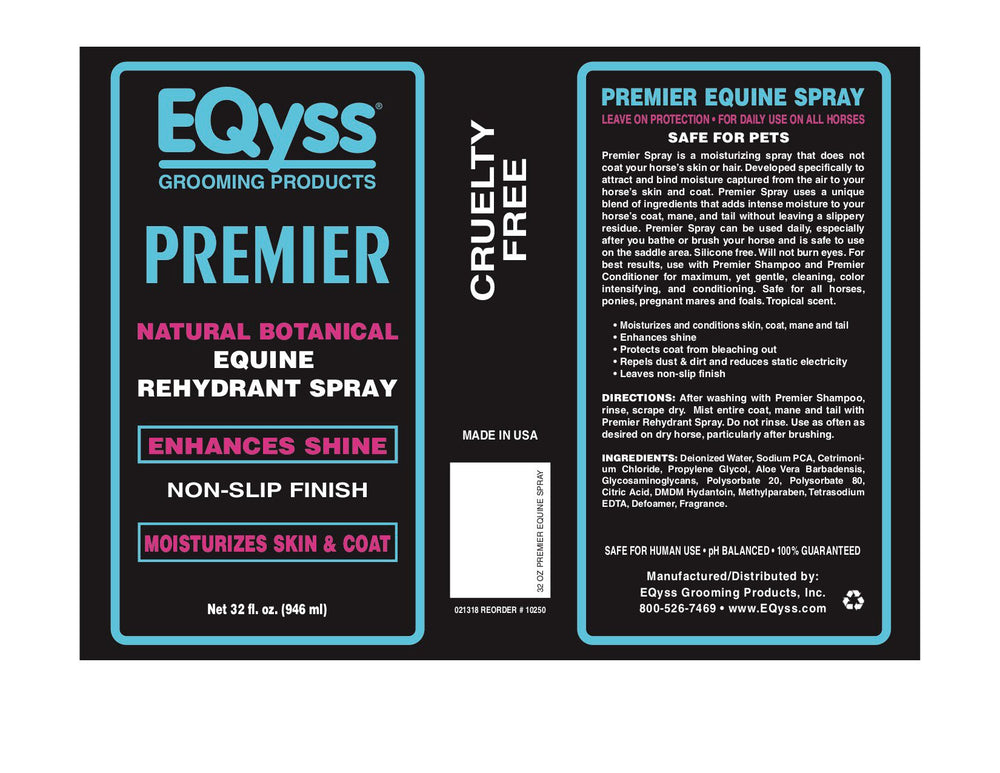 Eqyss Premier Equine Rehydrant Spray after grooming repels dust for a cleaner look.