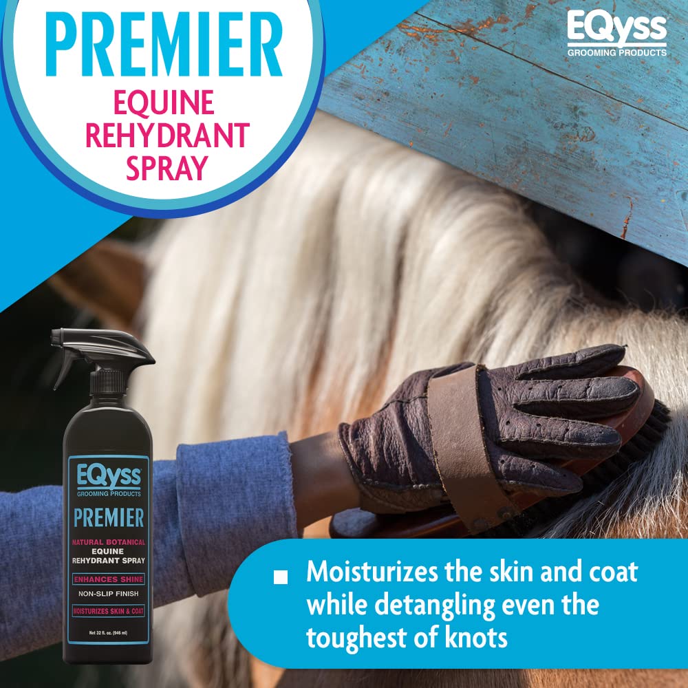 Eqyss Premier Equine Rehydrant Spray misting the mane for softness and detangling.