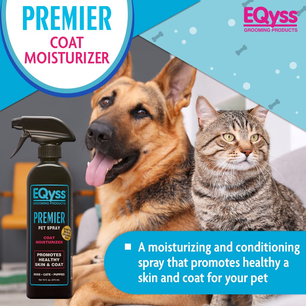 Eqyss Premier Pet Spray moisturizes coat for healthy shine.
