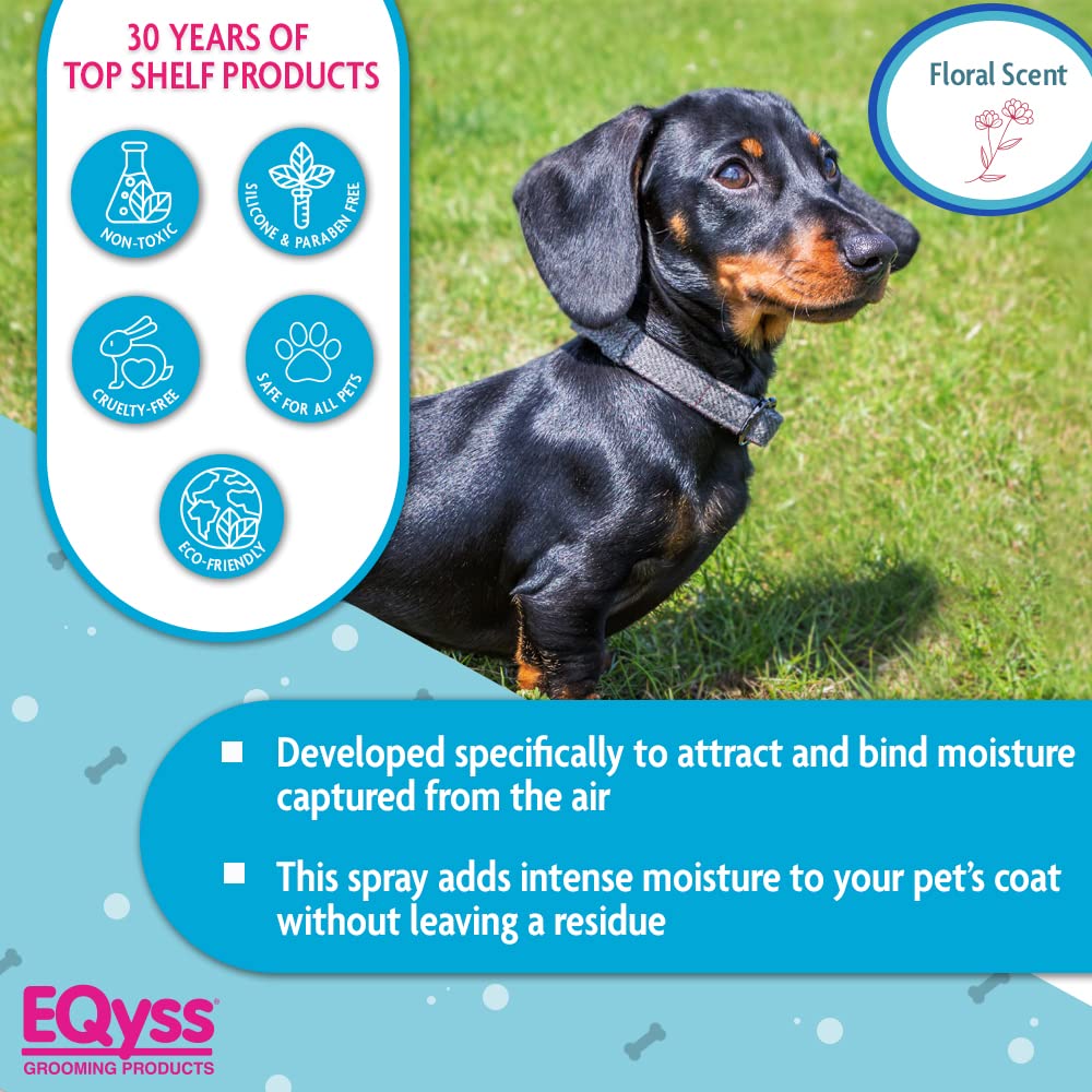 Eqyss Premier Pet Spray silicone-free formula with refreshing floral scent.