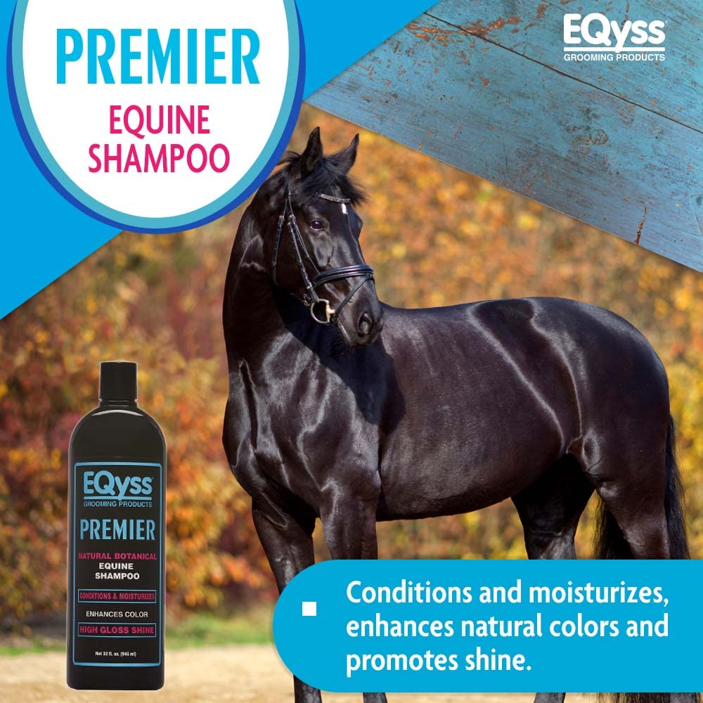 Eqyss Premier label detail highlighting botanical, silicone-free formula for coat care