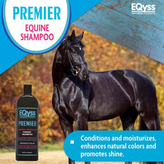 Eqyss Premier label detail highlighting botanical, silicone-free formula for coat care