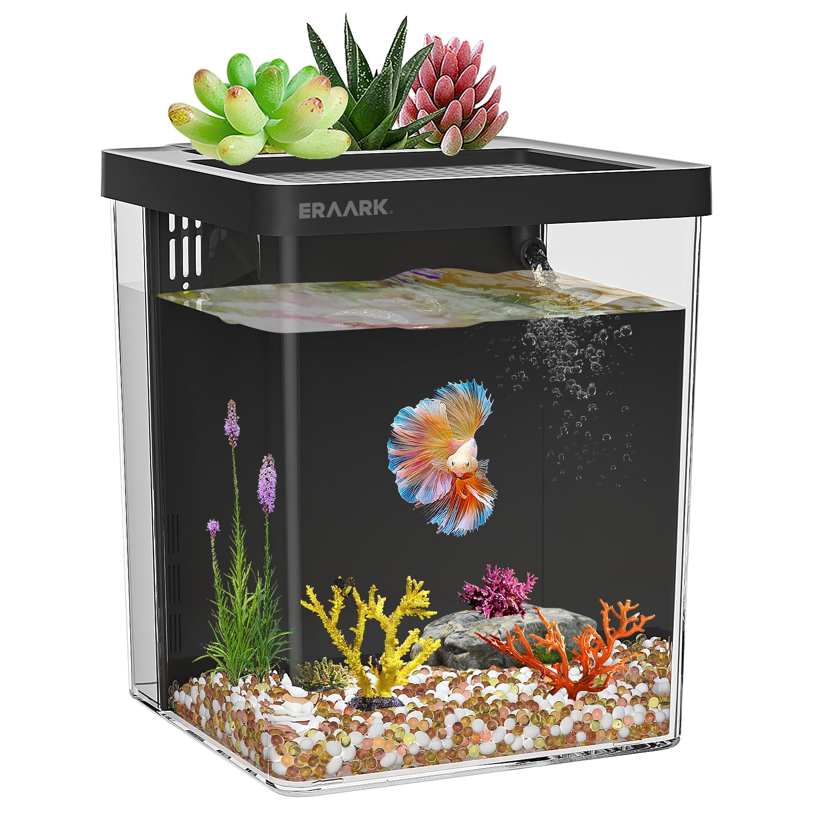 ERAARK 1.5-gallon Betta tank with filter for a clean, compact desktop setup.