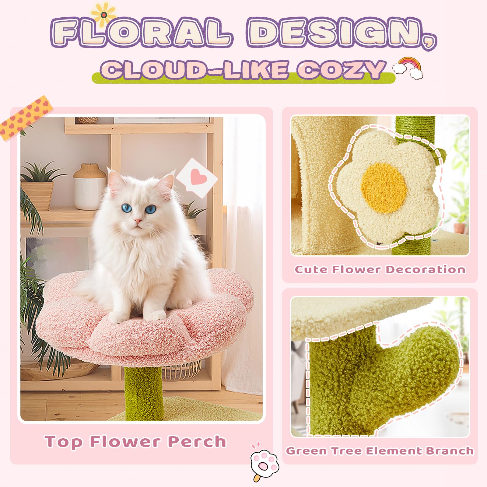 Erinnyees Flower Cat Tree hammock invites curling up in plush comfort.