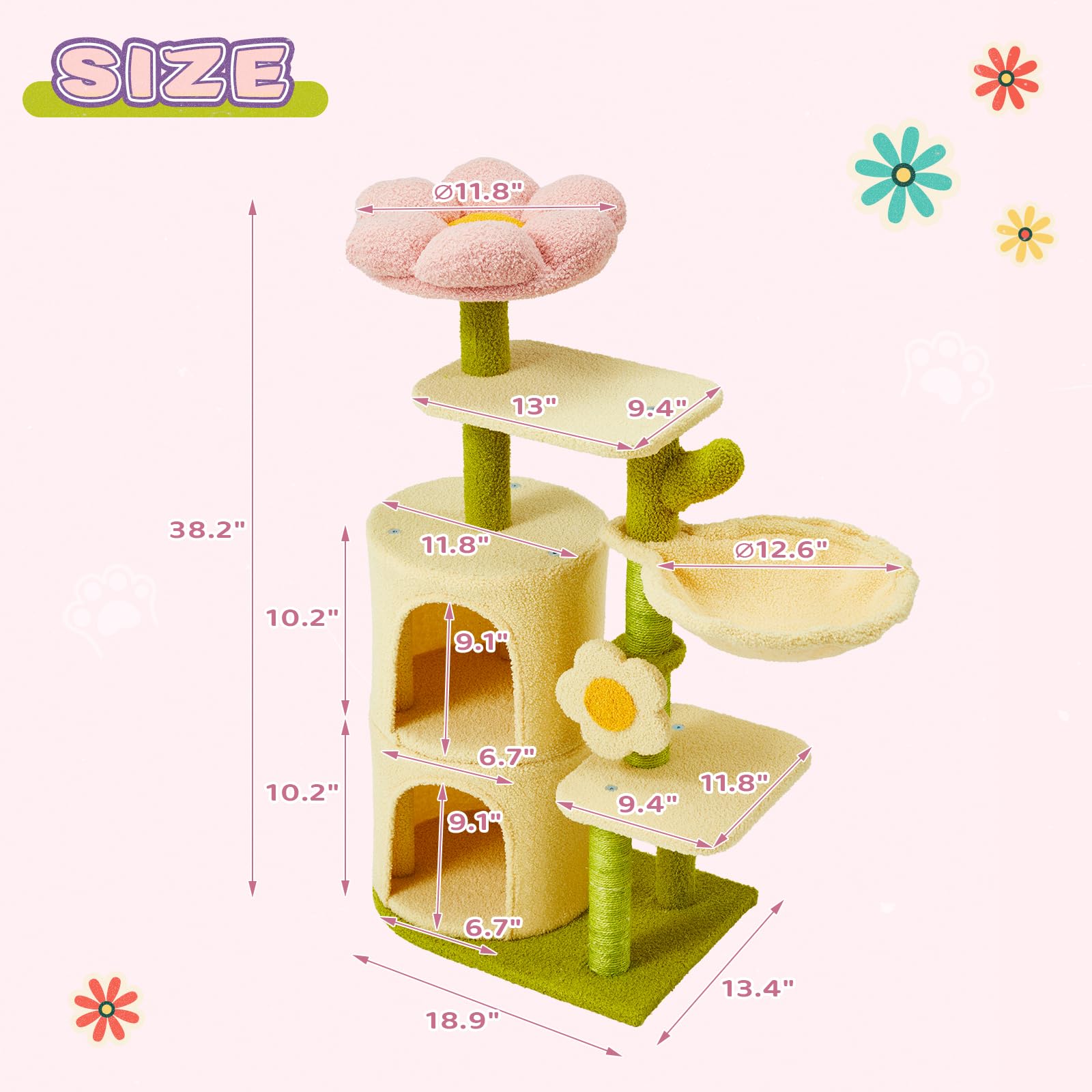Erinnyees Flower Cat Tree two condos provide cozy naps and play space.