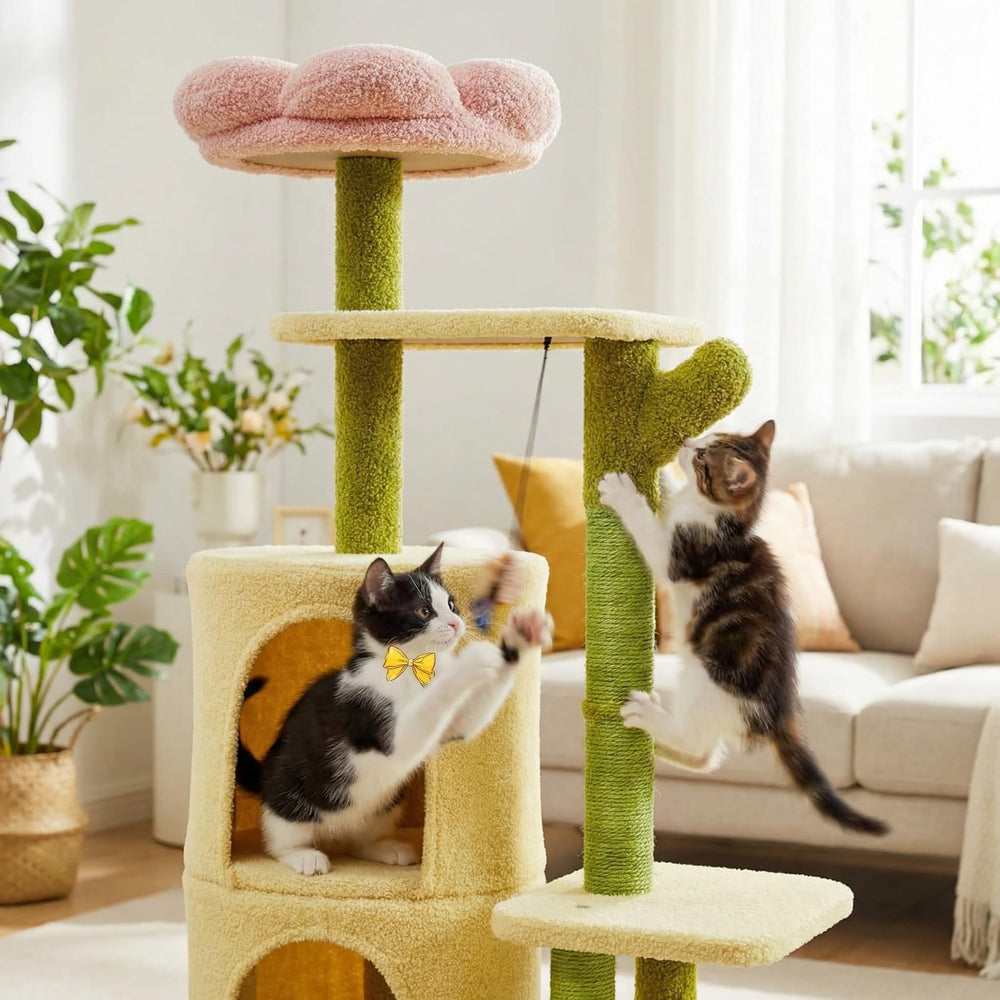 Erinnyees Flower Cat Tree teddy velvet finish adds soft comfort.