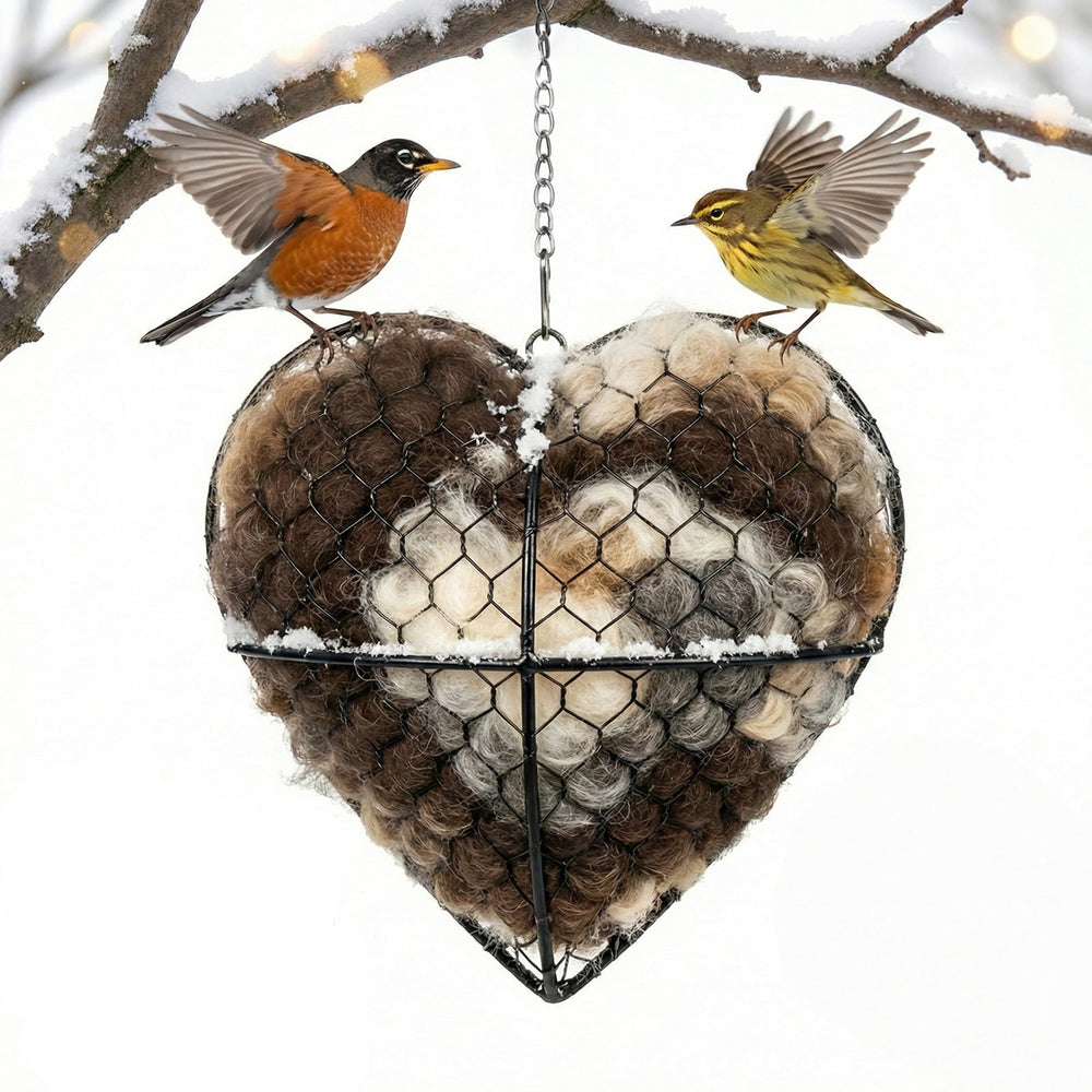 Esamar alpaca fiber bird nesting heart full view; warm garden decor.