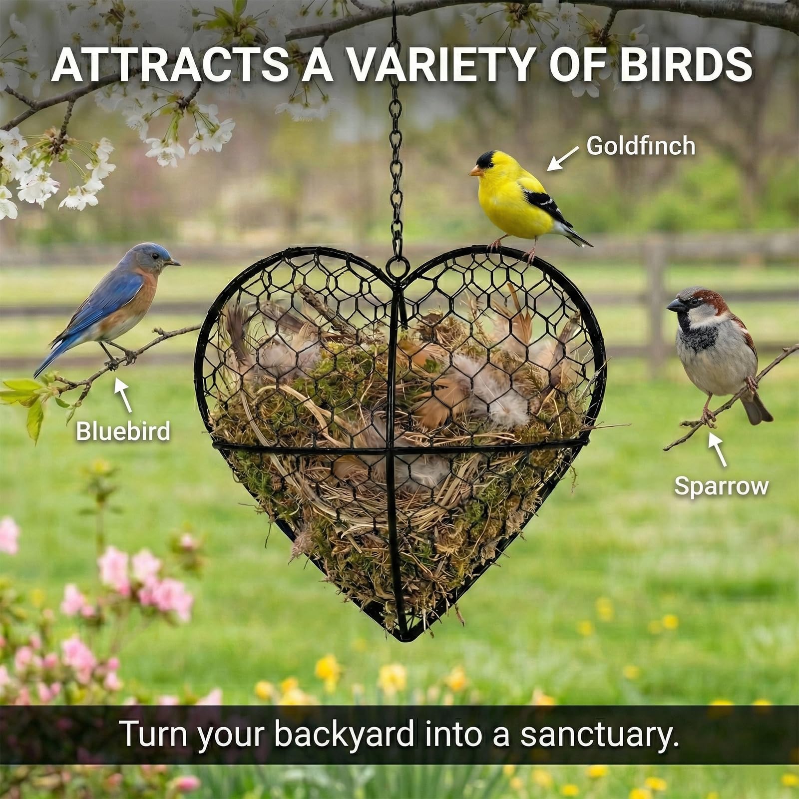Esamar wild bird nesting material holder ready for seasonal replenishment near feeders.