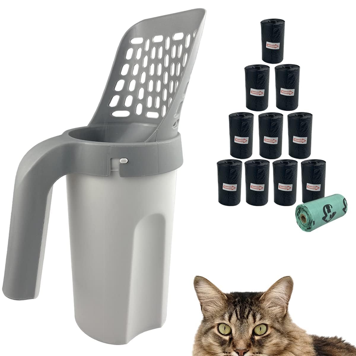 Esamploe cat litter scoop with trash container for mess-free cleanup