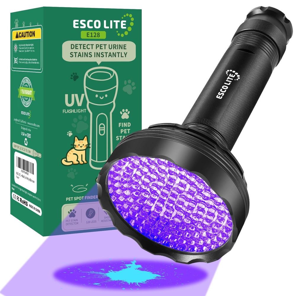 ESCO LITE Blacklight reveals hidden pet urine stains on carpets for easier cleaning.