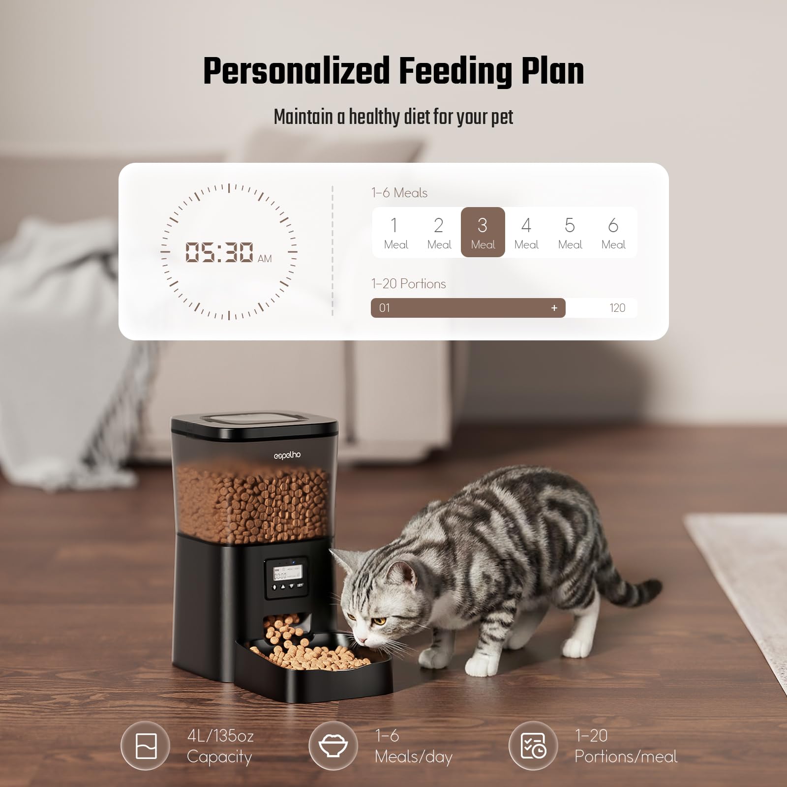 Espelho automatic cat feeder dispensing meal demonstrating precise portion control.