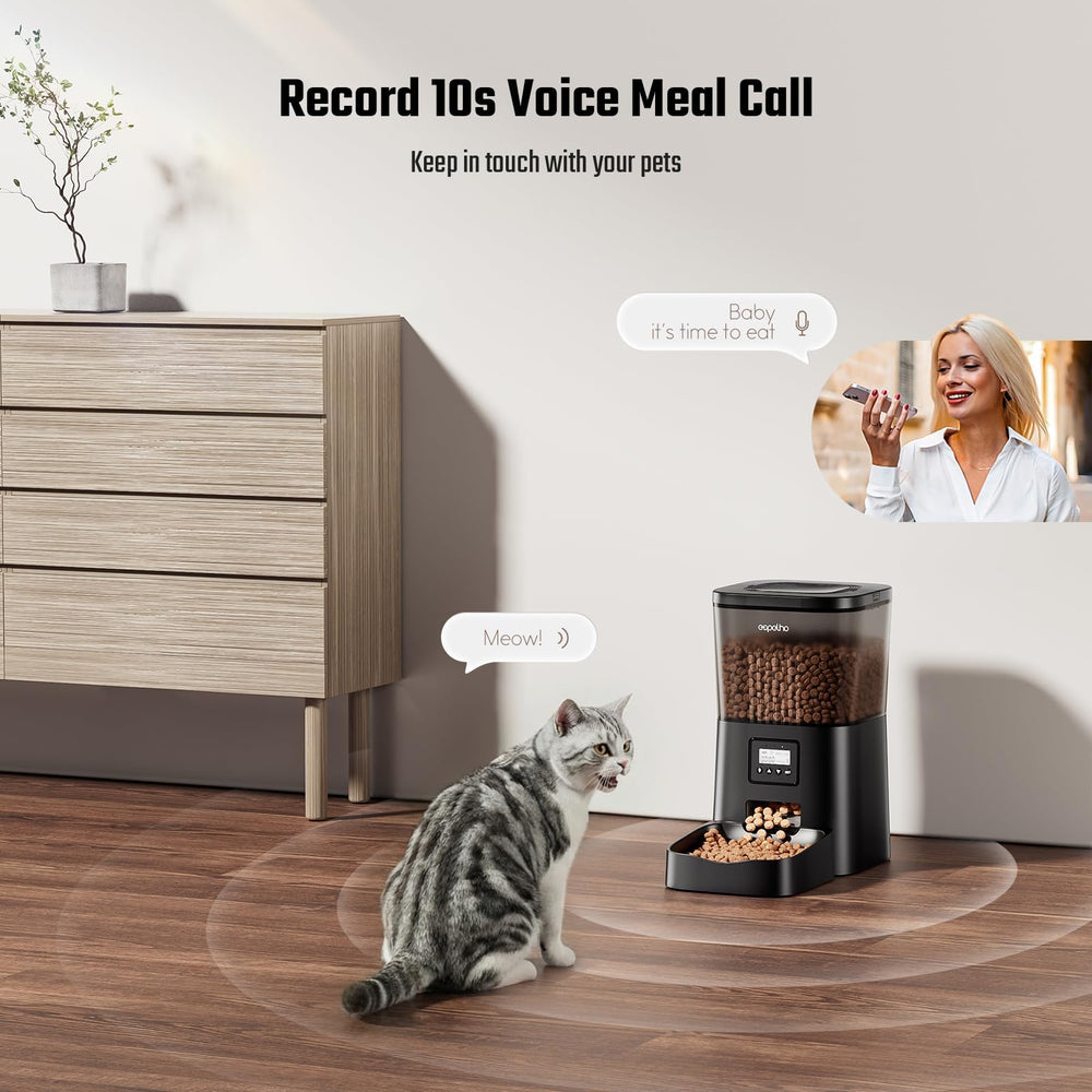 Espelho automatic cat feeder timer settings highlight customizable meal times.