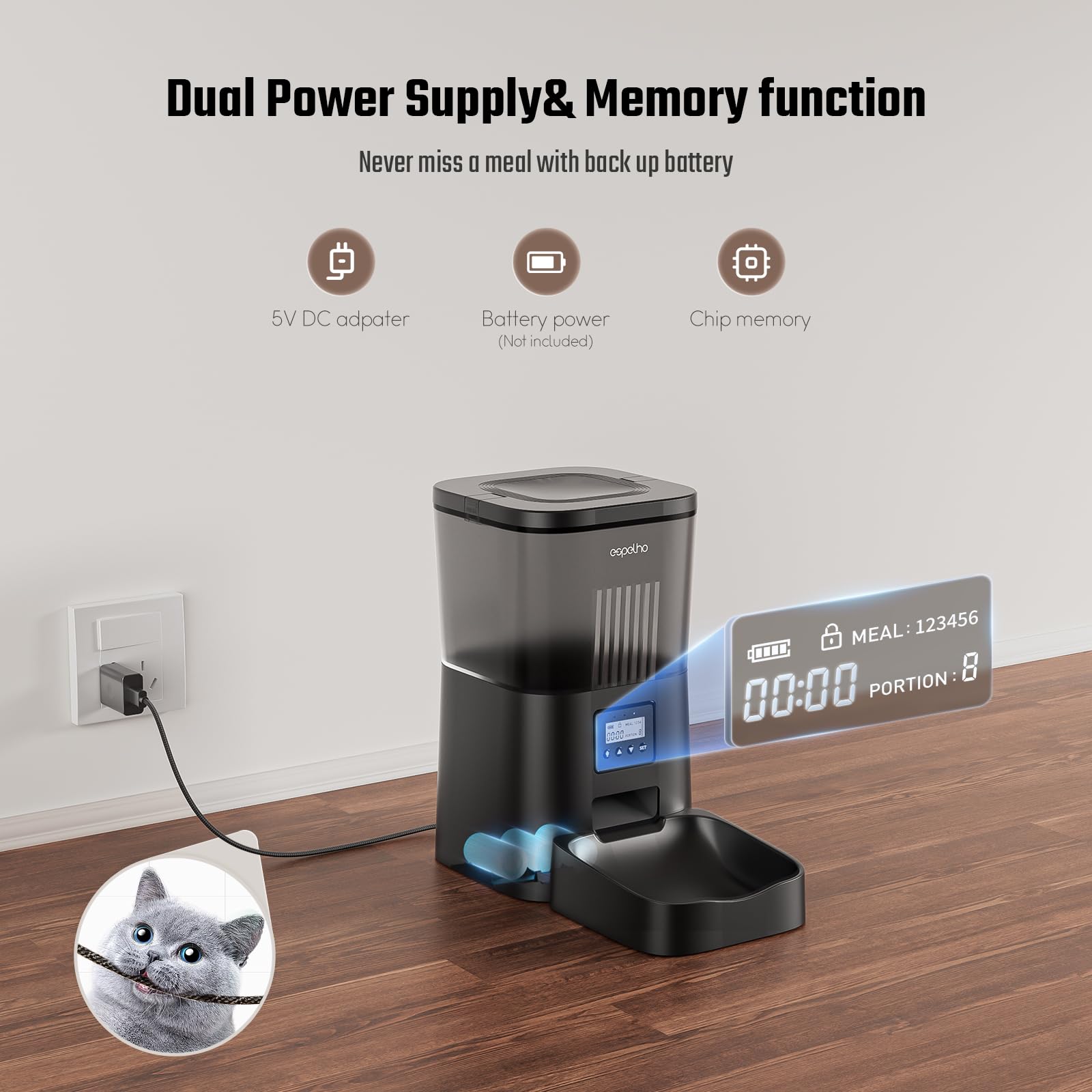 Espelho automatic cat feeder voice recorder captures greeting messages at mealtime.