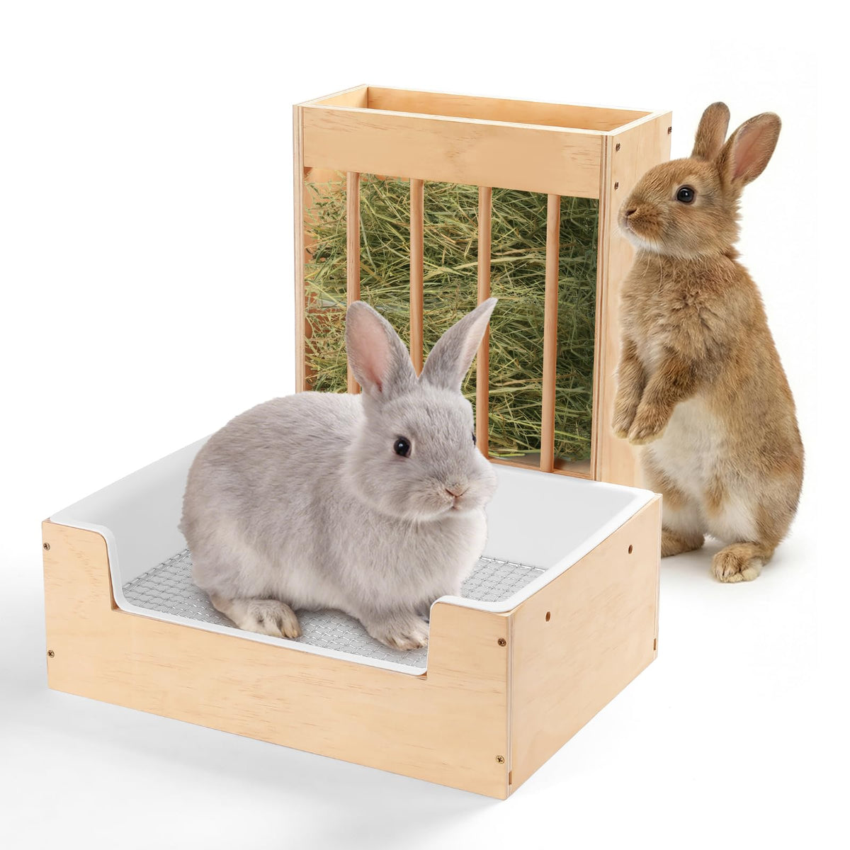 Essenhome extra-large 2-in-1 rabbit litter box and hay feeder setup in wood.