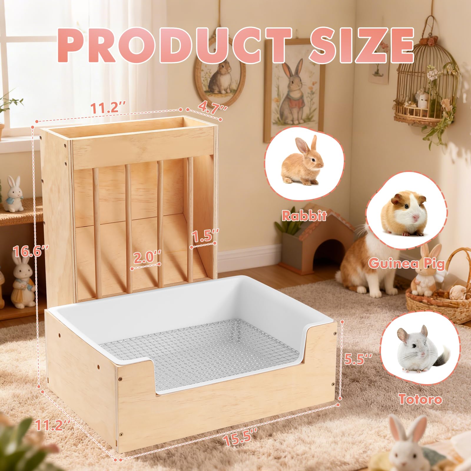 Essenhome wooden hay feeder mounted on litter box with three-sided attachment.