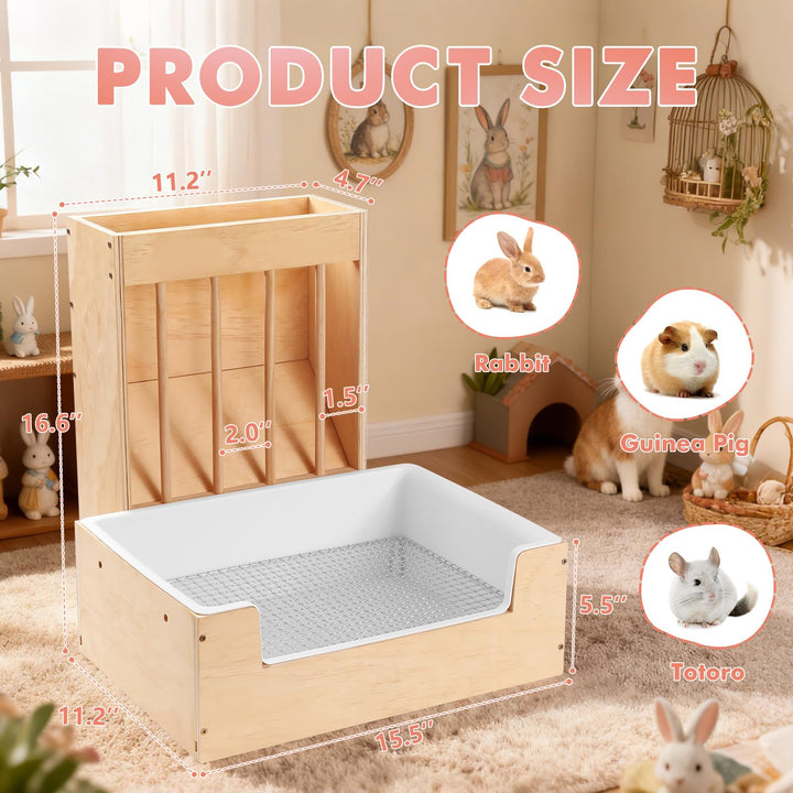 Essenhome wooden hay feeder mounted on litter box with three-sided attachment.