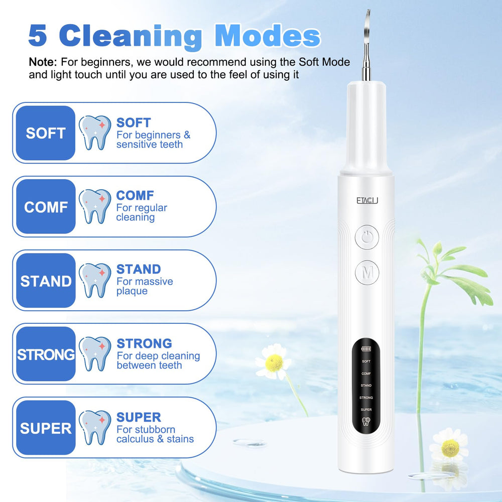 ETACCU dental cleaner shows 5 modes for tailored brushing sessions