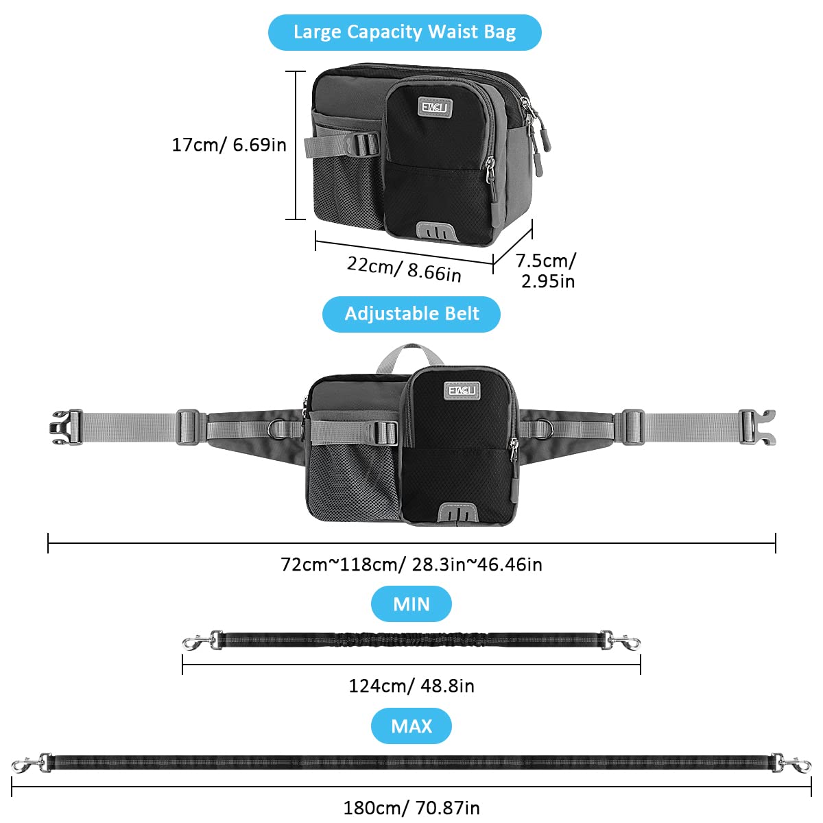 ETACCU adjustable waist belt extends up to 70 inches for running.