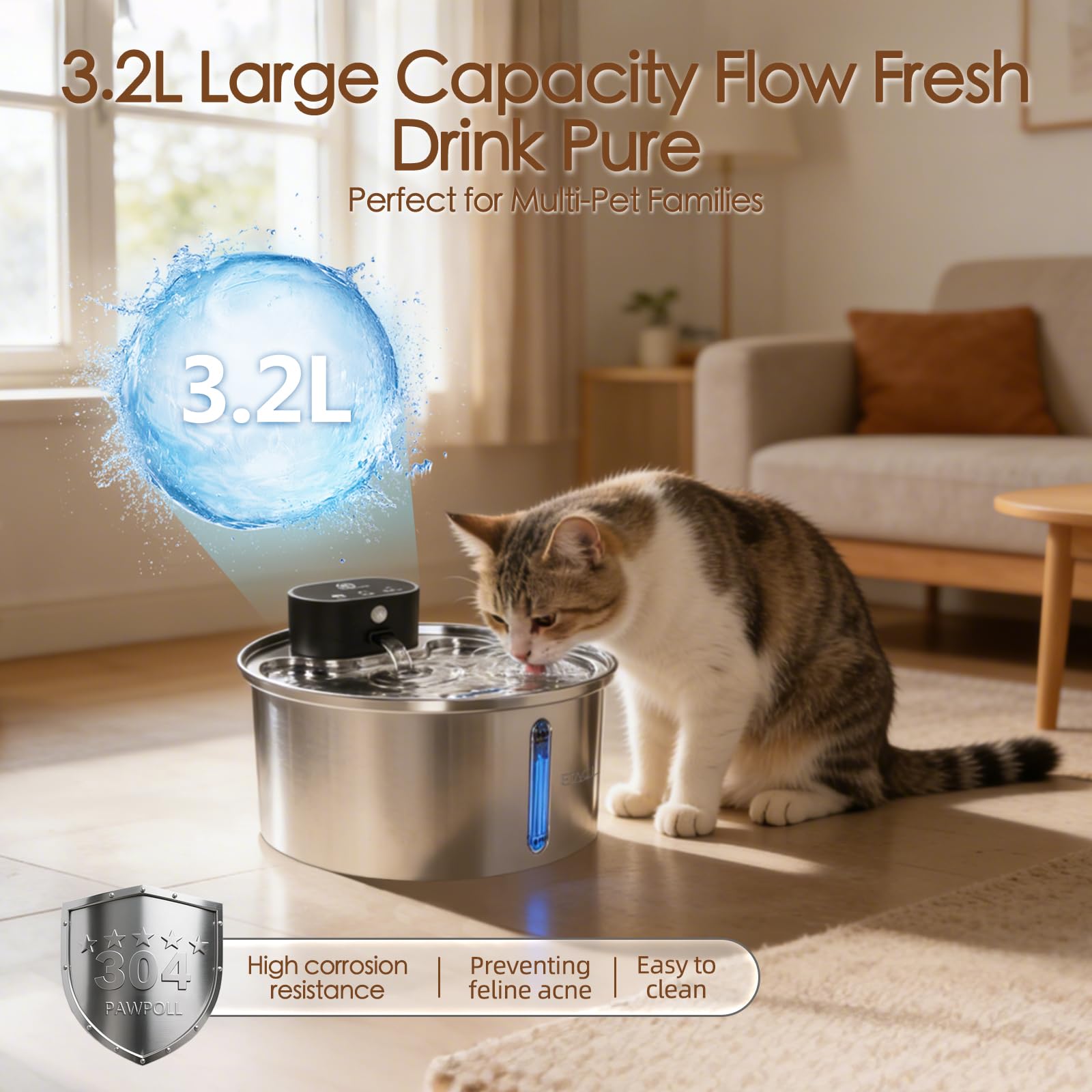 ETACCU wireless fountain shows 3.2L capacity for long-lasting water supply.