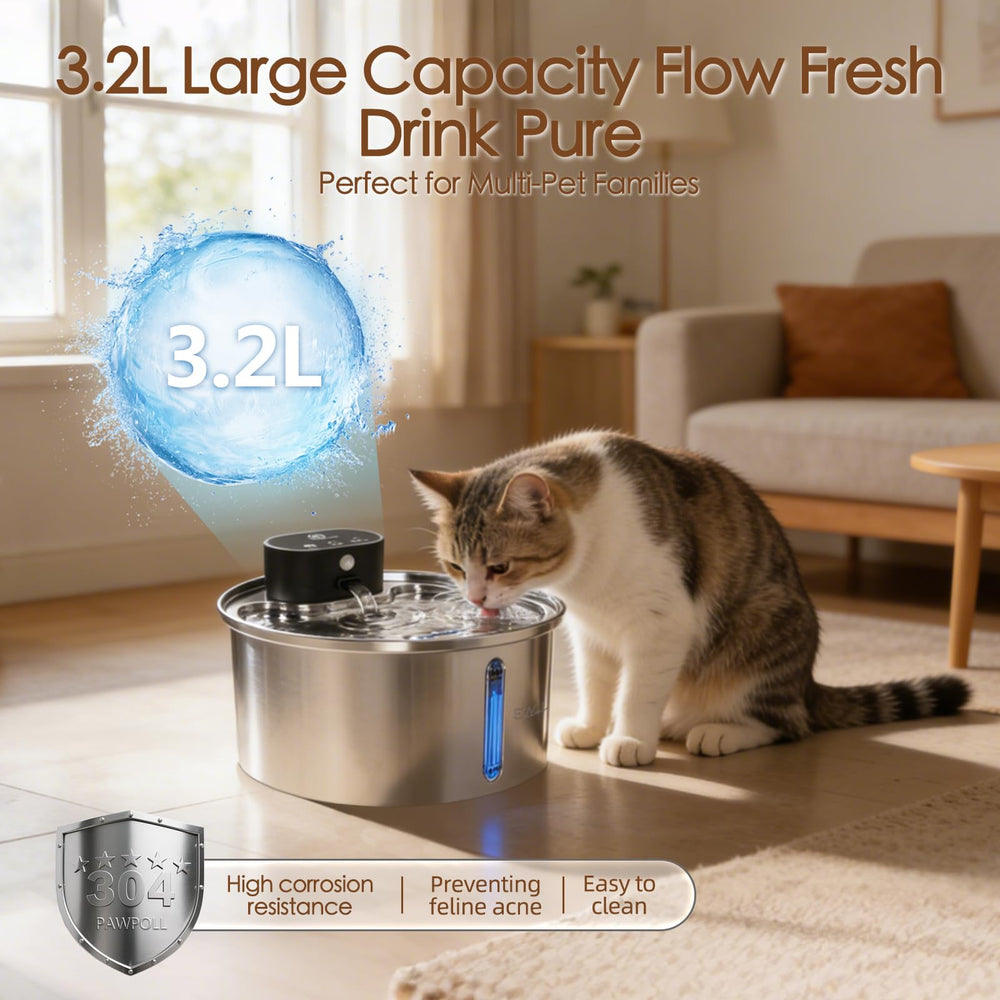 ETACCU wireless fountain shows 3.2L capacity for long-lasting water supply.
