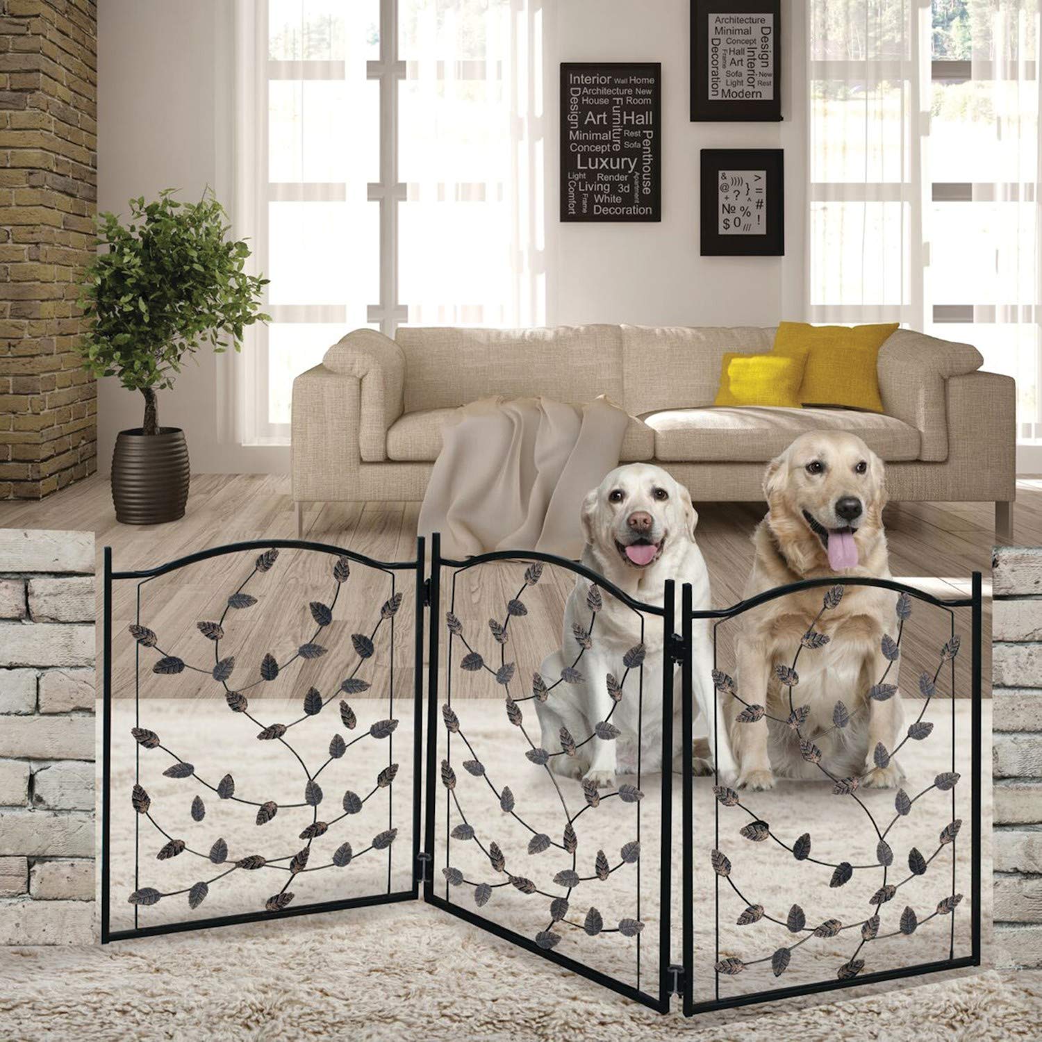 Etna Leaf Design metal pet gate panel open showing 53-inch width for doorways.